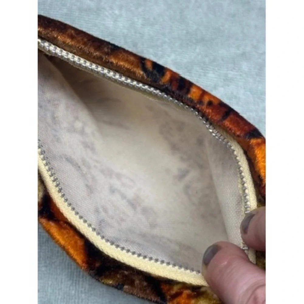 Vtg Velvet Floral‎ Clutch Bag Orange Brown Retro 70s Zipper Pouch Cosmetic Bag